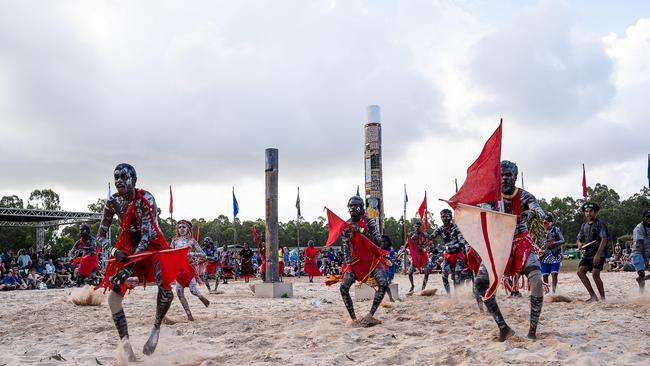 Numbulwar red flag dance at day one of Garma Festival on Friday August 2023. Picture: Pema Tamang Pakhrin