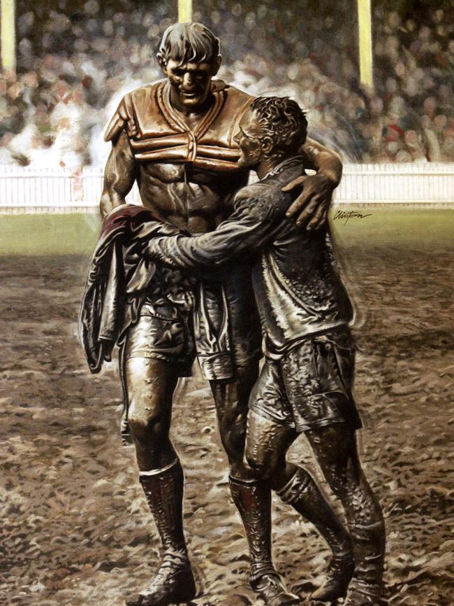 A photo illustration of John O’Gready’s iconic image of Norm Provan and Arthur Summons after the 1963 NSWRL grand final. Picture: Getty Images