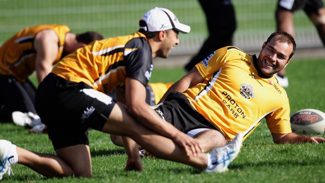 Benji Marshall and Todd Payten will go head to head as coaches on Friday night. Pictured at Wests Tigers training at Concord Oval in 2009. Picture: Cooper Stephen