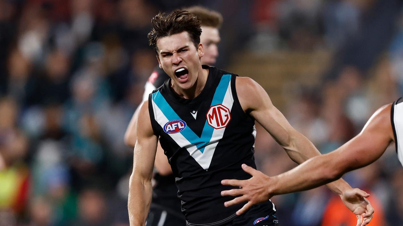 Connor Rozee celebrates kicking a goal against Essendon last week. Picture: Michael Willson/AFL Photos via Getty Images