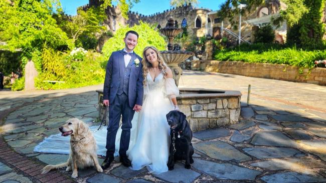 Rachael Leahcar and Chris Johinke marry at the Manor Basket Range, with her guide dogs Jarvis and Ella, who is now retired. Picture: Ciaran Whelan, An Ounce of Light.