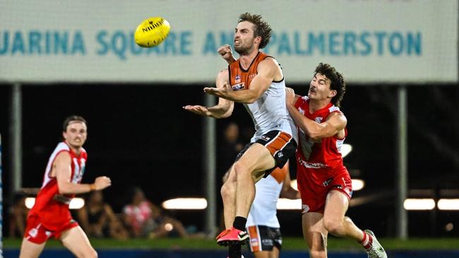 Dylan Landt flies for the ball in the NT rep match against South Fremantle. Picture: Patch Clapp / AFLNT Media