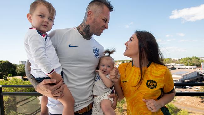 Couple Simon Bell forward from Hellenic AC and Charlee Bell with their kids son Remy Bell and daughter Marley Bell waiting for the kick off between England vs Australia. Picture: Pema Tamang Pakhrin