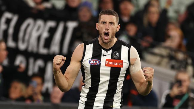 MELBOURNE. 02/04/2022. AFL. Round 3. Collingwood vs Geelong at the MCG . Darcy Cameron of the Magpies celebrates a 3rd qtr goal . Photo by Michael Klein