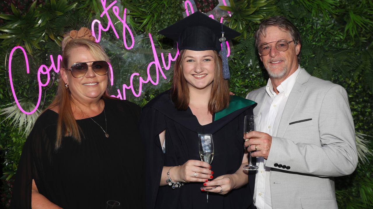 Rachel, Charlie and Mike Johns. Deakin School of Education; NIKERI; and Centre of Humanitarian Leadership students graduated on Wednesday lunchtime. Picture: Alan Barber