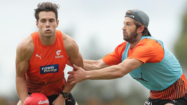 Josh Kelly and Callan Ward do battle at GWS training. Picture: Getty Images