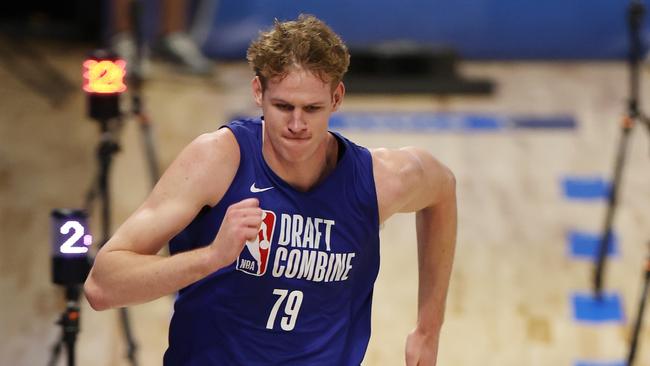 Rocco Zikarsky takes part in the sprint drill during the 2025 NBA Draft Combine. Picture: Michael Reaves/Getty Images.