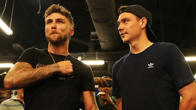 Jack Brubaker (left) and Tim Tszyu on Tuesday ahead of their December fight. Picture: Rohan Kelly