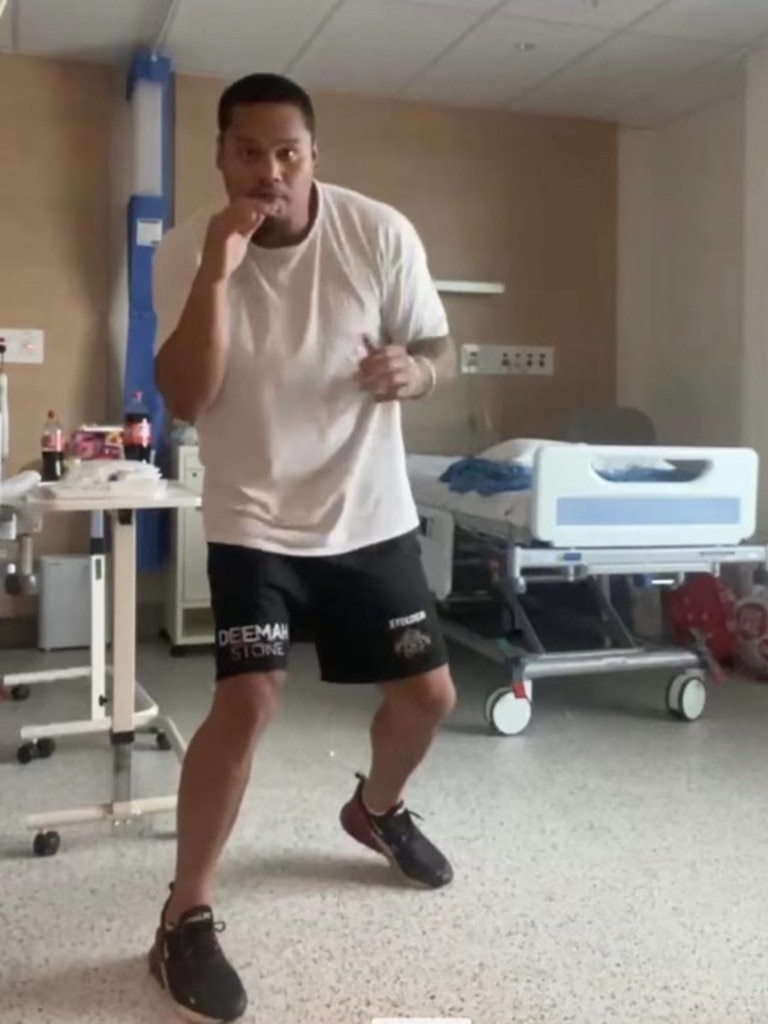 Joey Leilua shadow boxing in his hospital room as he waits to be released following treatment for Covid. Picture supplied