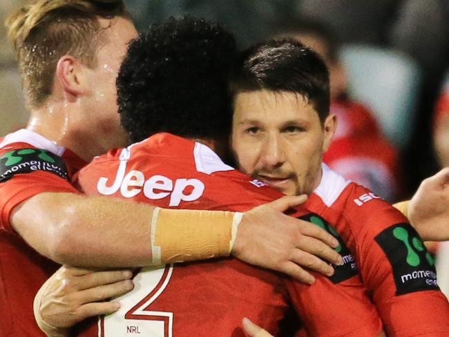 Gareth Widdop of the Dragons celebrates a try during the St George Illawarra Dragons v Melbourne Storm NRL round 15 game at WIN Stadium, Wollongong. pic Mark Evans