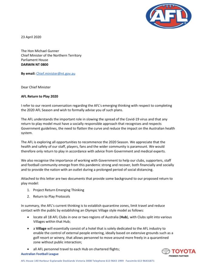 AFL chief executive Gillon McLachlan wrote to Chief Minister Michael Gunner on Thursday, asking if the NT Government would be open to an AFL hub being based in Darwin