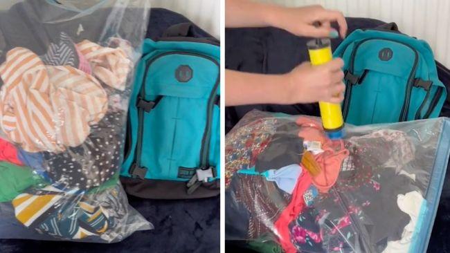 The mum places all clothing and items in vacuum space saving bags before squeezing them into the backpack. Images: Caters