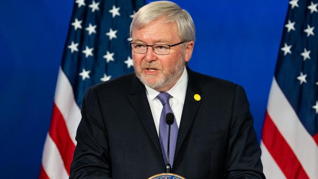 Kevin Rudd, president of the Asia Society, introduces Antony Blinken, US secretary of state, not pictured, at George Washington University in Washington, D.C. US, on Thursday, May 26, 2022. Blinken used his remarks to explain existing policies rather than unveil any bold new direction that includes a strategy of investing in democracy and innovation at home. Photographer: Eric Lee/Bloomberg via Getty Images