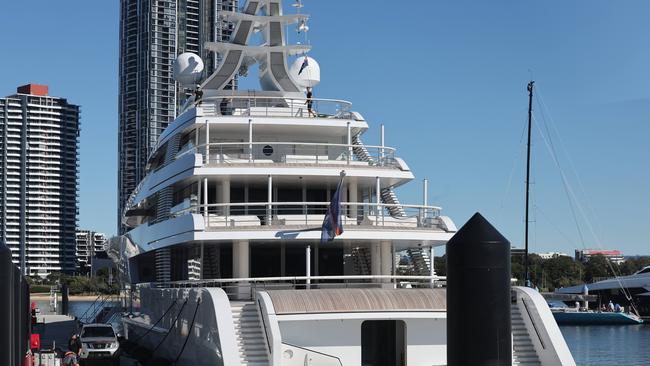 Miranda Kerr and husband Evan Spiegel's yacht, the 94.75metre Bliss, by Feadship, at Southport Yacht Club. Picture Glenn Hampson