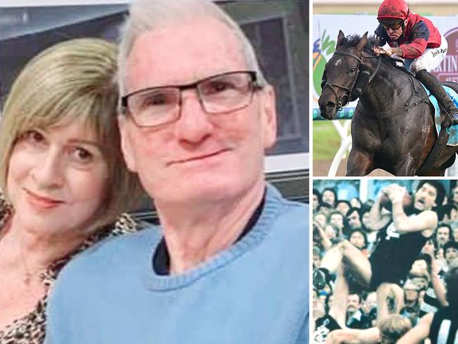The late Peter Bosustow and his wife Shelley (left), the equine Bosustow (top right) and the footy legend Bosustow flies high for a mark during his playing days for Carlton.