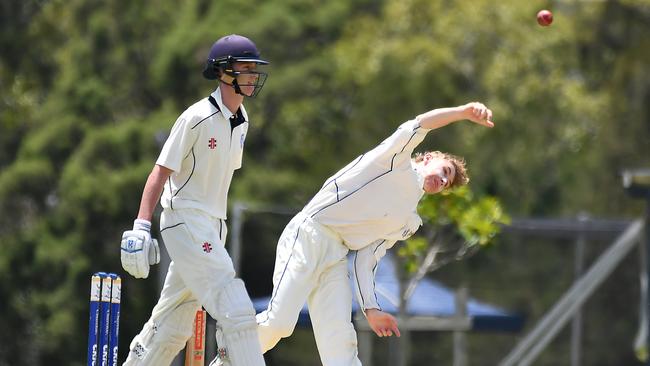 Churchie bowler Tighe Morris GPS First XI cricket between Churchie and Brisbane State High on January 28. Picture: John Gass