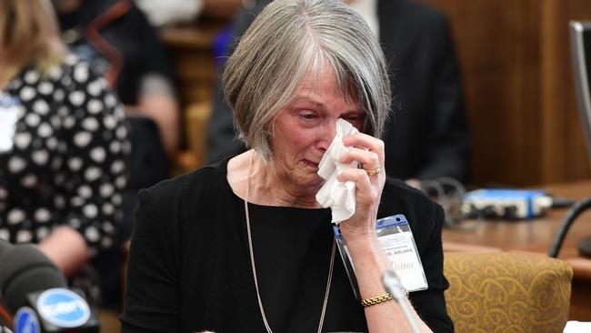 Cancer patient Bronte Higham’s wife Ricki breaks down while giving evidence at the inquiry. Picture: Campbell Brodie.