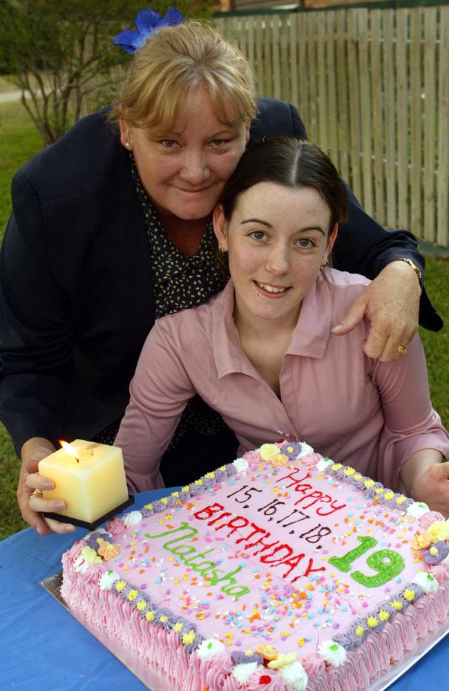 Natasha Ryan with mother Jenny and birthday cake and candle in May 2003.