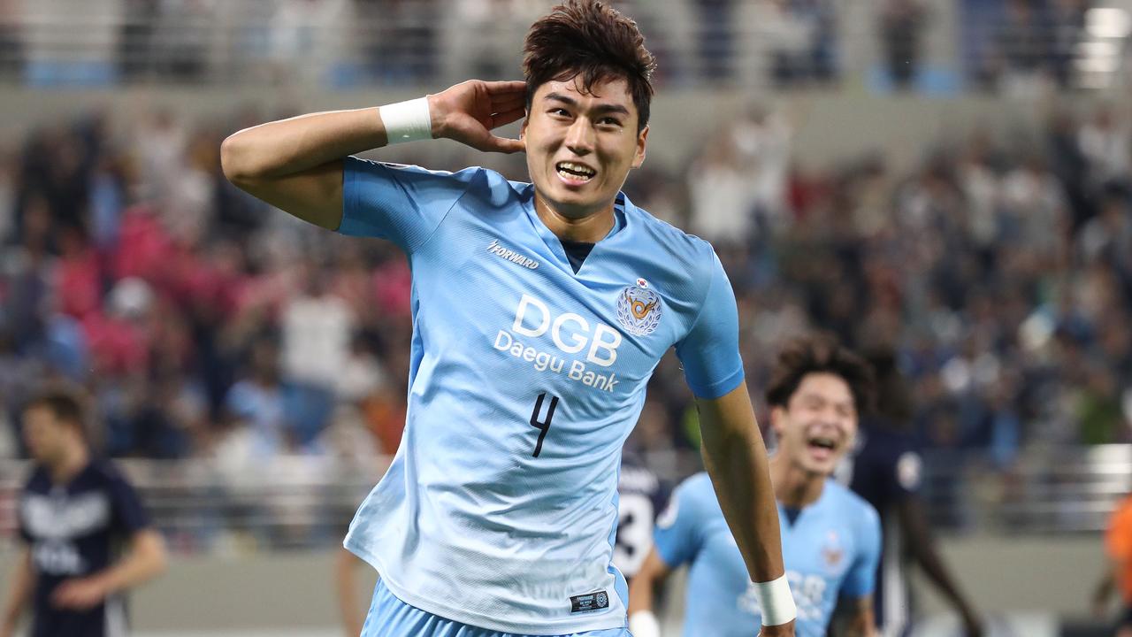 Jeong Tae-wook celebrates after scoring a second goal for Daegu FC against  Melbourne Victory.