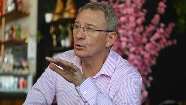 Ariarne Titmus’ father Steve talks with Robert Craddock for High Steaks at The Half Pint Kitchen and Bar in Bowen Hills, Brisbane. Picture: Lyndon Mechielsen