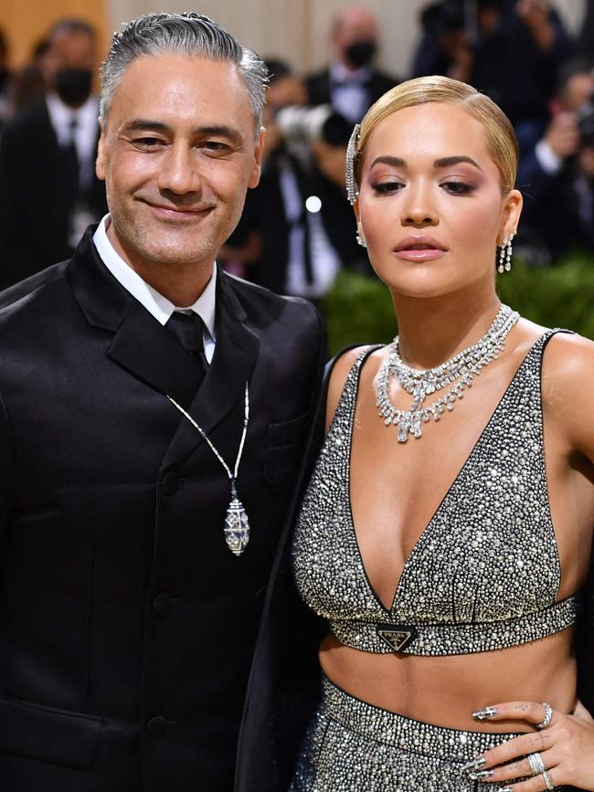 Rita Ora, right, attended the Met Gala in New York with boyfriend Taika Waititi. Picture: AFP