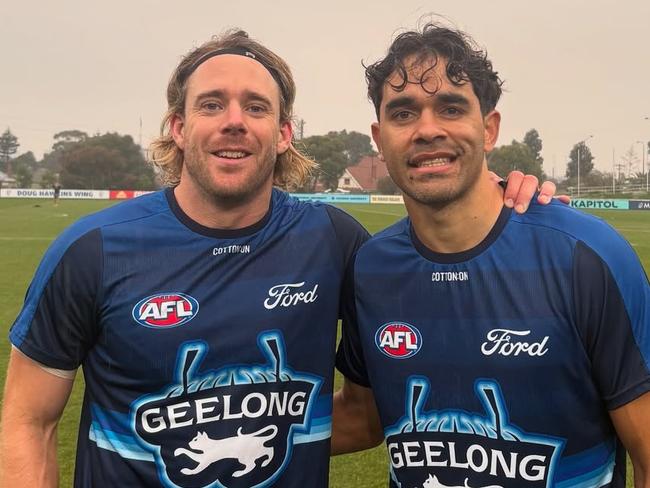 Cam Guthrie and Jack Martin before their returns against Footscray. Picture: Geelong Cats