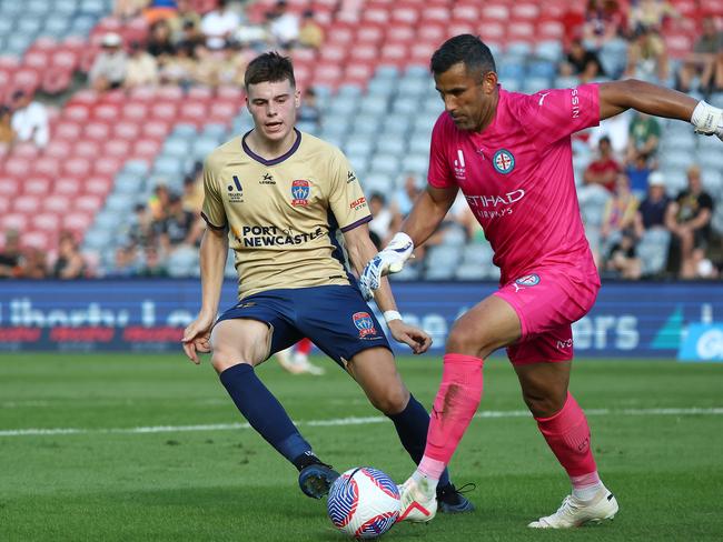 NEWCASTLE, AUSTRALIA - DECEMBER 03: Goalkeeper of Melbourne City Jaime Young is put under pressure by Justin Vidic of the Jetsduring the A-League Men round six match between Newcastle Jets and Melbourne City at McDonald Jones Stadium, on December 03, 2023, in Newcastle, Australia. (Photo by Jeremy Ng/Getty Images)