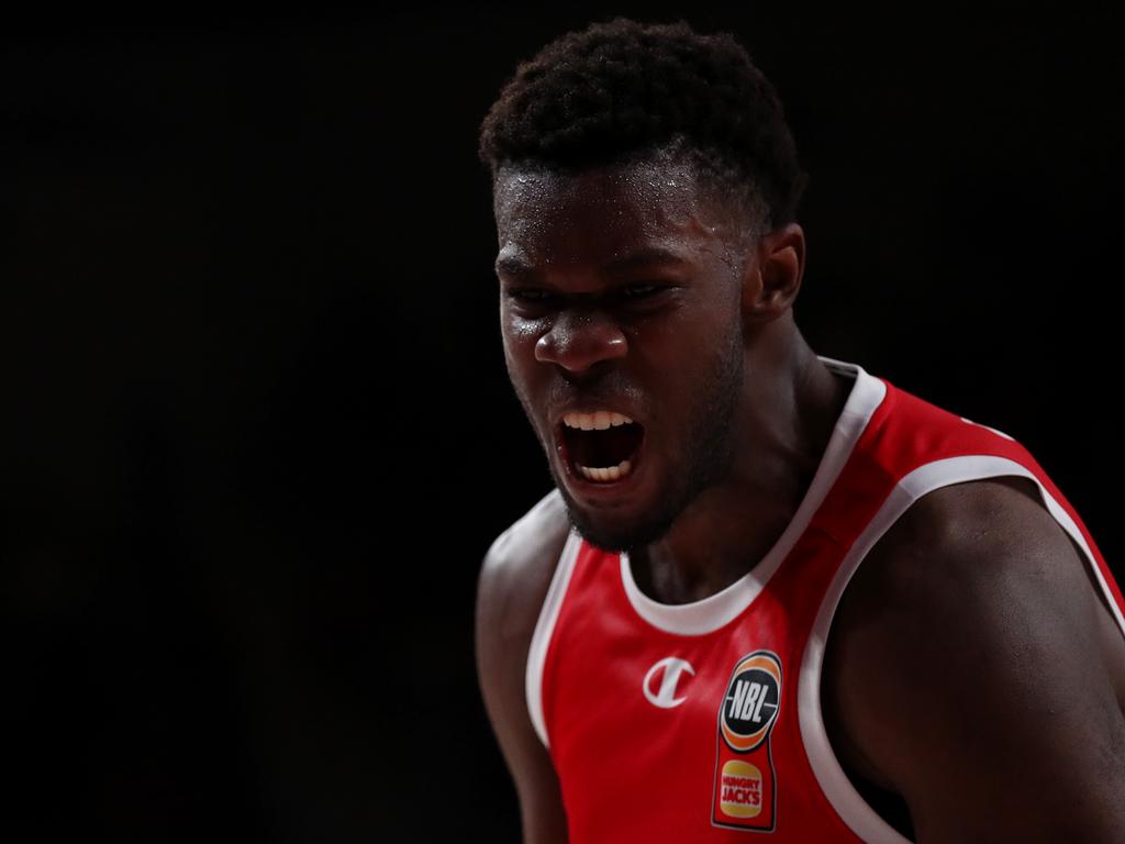 Darius Days reacts during the Hawks’ clash with the 36ers. Picture: Getty Images