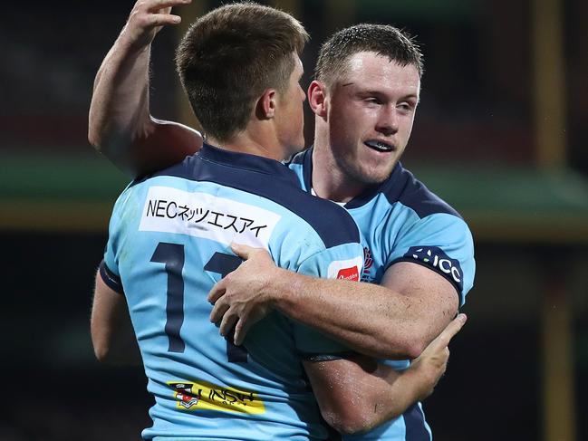 Alex Newsome and Tom Horton celebrate during the big win. Picture: Getty Images