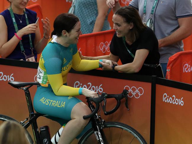 Anna Meares cries with her former adversary Victoria Pendleton from Great Britain after her final ride in the Women's Sprint for the Rio Olympics 2016 track cycling at the Rio Olympic Velodrome. Pics Adam Head