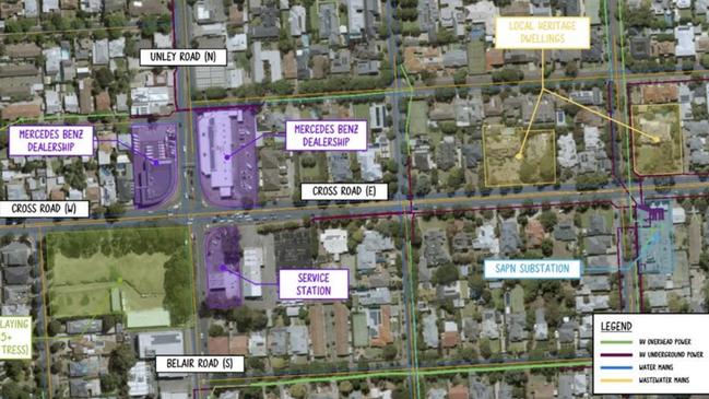 Taxpayers faced a potential $579m bill to expand two intersections along Cross Rd with the need to purchase multiple properties to widen lanes. Picture: Aurecon