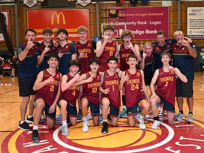 Logan Thunder celebrates winning the Division 1 under-16 boys' Queensland State Championships. Picture: Basketball Queensland/Highflyer Images.