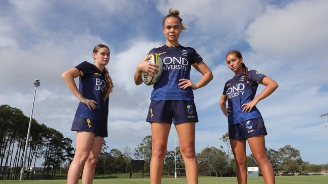 Bond University will field their first ever Women's XV in the Queensland Premier Rugby competition this year. Faythe Manera 16, Caity Costello 24 and Jetaya Faifua 16. Picture Glenn Hampson