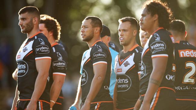 Wests Tigers players look on after a Cowboys try at Leichhardt Oval. Picture: Matt King/Getty Images