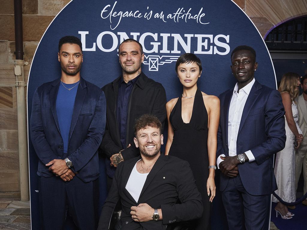 Athletics star Peter Bol (far right) at a Longines event with actor Rege-Jean Page, Indigenous artist Otis Hope Carey, model Sarah Ellen and former Australian of the Year, Dylan Alcott.