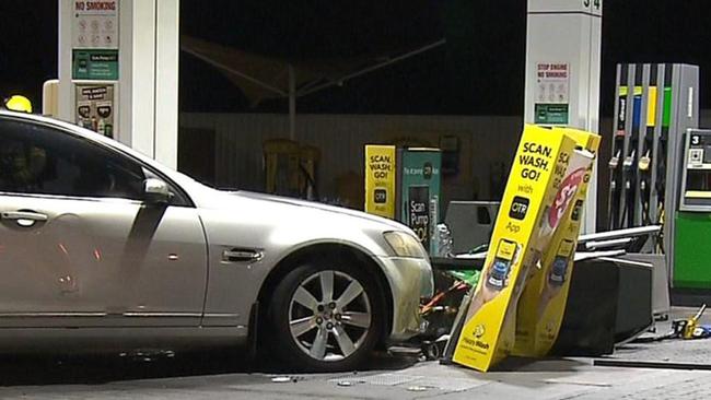 A man has been charged he allegedly crashed a car into a petrol bowser on Marion Rd and flicked burning toilet paper at the pump. Picture: 7NEWS