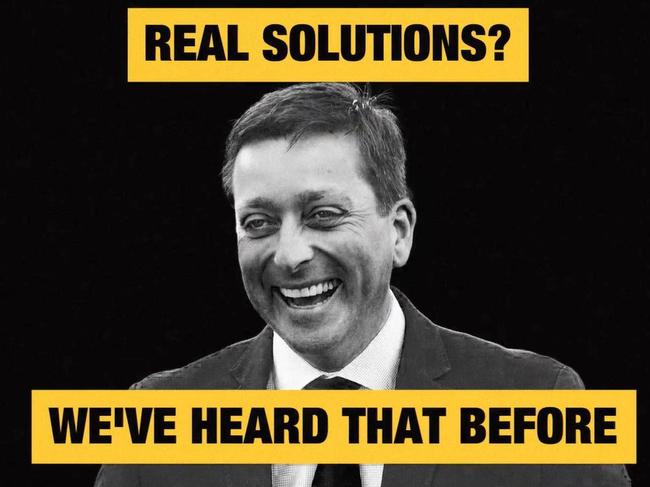 New attack ad panning Opposition leader Matthew Guy., The 33-second ALP ad compares Guy's promise of "real solutions" to similar election commitments made by both Mr Abbott and Mr Morrison., Picture: Supplied