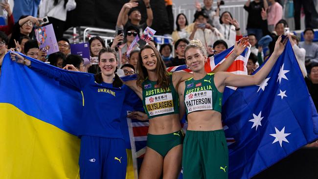 Nicola Olyslagers celebrates after winning the women’s high jump with Elearnor Patterson second and Yaroslava Mahuchikh. Picture: Wang Zhao / AFP