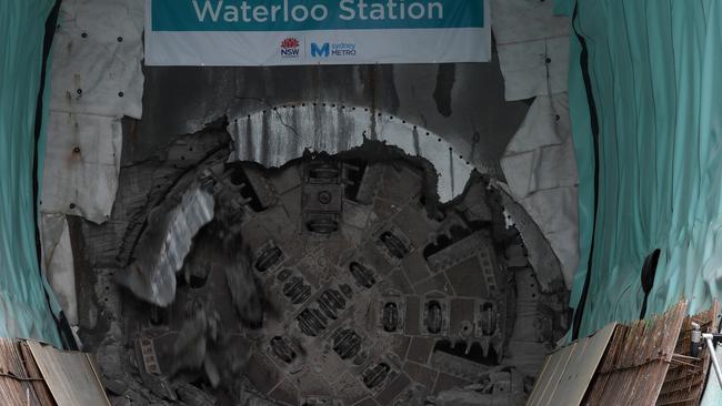 Sydney Metro’s second tunnel boring machine has broken through the rock at Waterloo Station. Picture: AAP