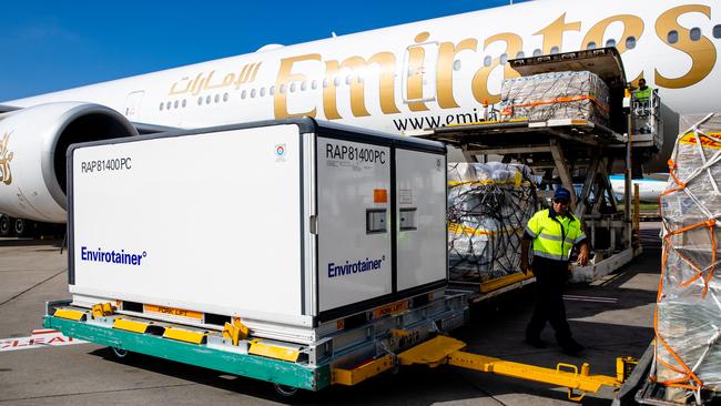 The first shipment of AstraZeneca COVID-19 vaccines for Australia arrives in Sydney in late February. Picture: File