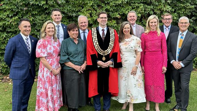 Toowoomba mayor Geoff McDonald with the 2024-2028 councillors outside City Hall.