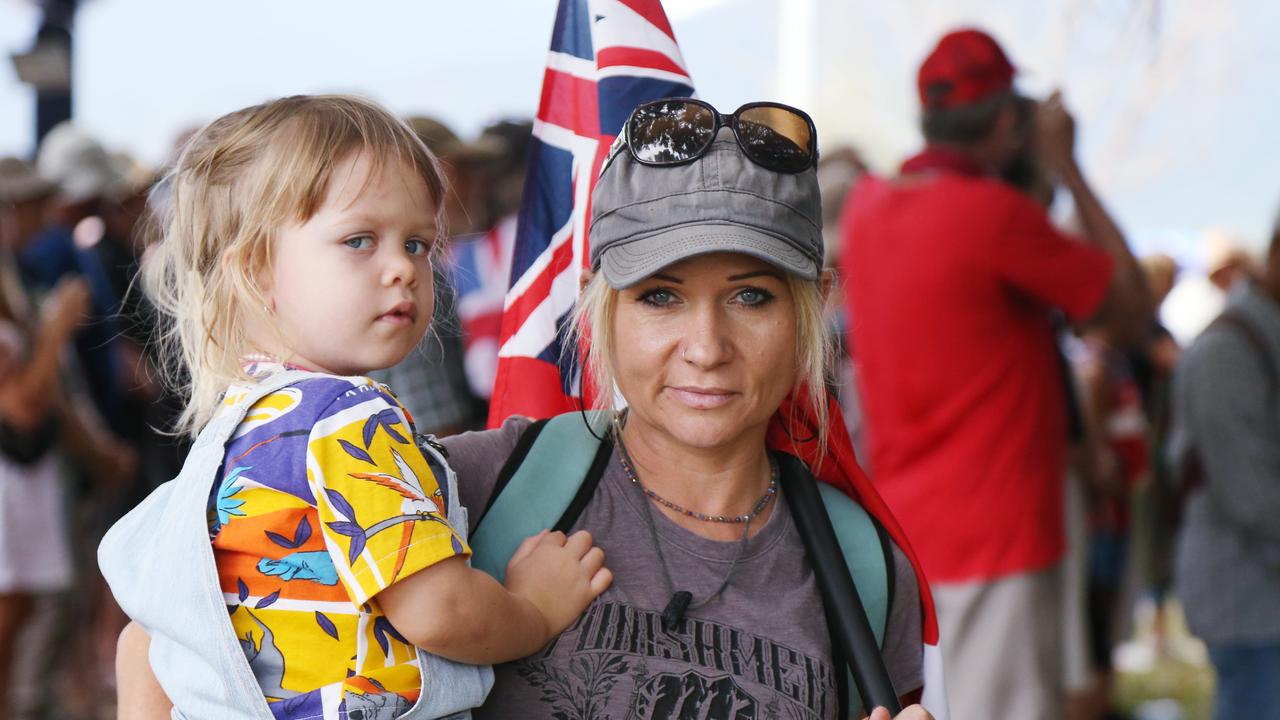 Patricia Burgoume attended the Freedom Rally with her daughter Victoria Burgoume, 3, before marching down the Cairns Esplanade. PICTURE: Brendan Radke