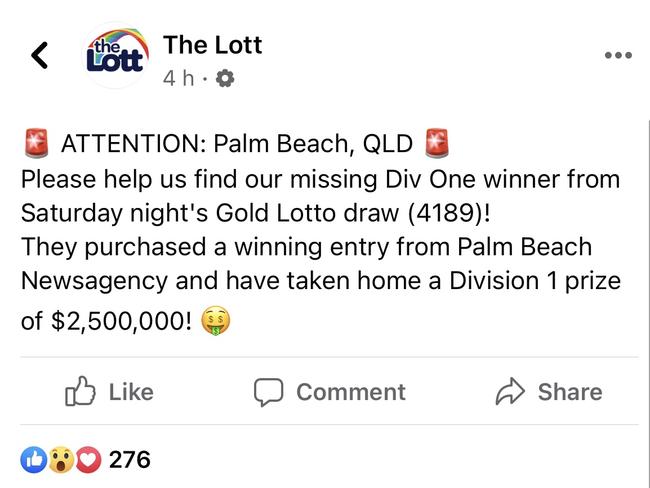 The Lott is hunting for Gold Coast’s newest instant millionaire. Picture: Facebook.