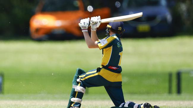 Sam Gallagher batting for Wests. Wests v Newcastle City in the semi-final of the 2024 SG Moore Cup cricket semi-final at Harker Oval. Picture: Michael Gorton