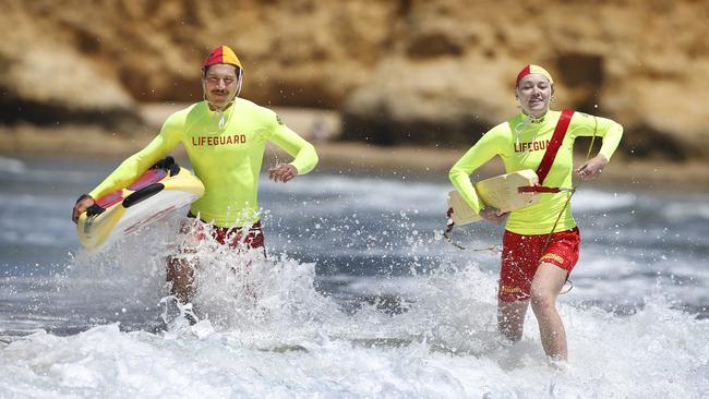 Lifeguards Stephen Christofi and Georgie Clarke are preparing for a busy summer preventing drownings at Torquay and Jan Juc beaches. Picture: David Caird