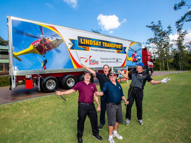 Westpac rescue helicopter featues in 2nd annual Coffs Coast Transport Industry Golf Cup. pic Dean Mavin, Steve Pinkstone , Alan Pazio and Wayne Ryder playing in the  Marvin Truck Centre Kempsey team.. 27 AUG 2019