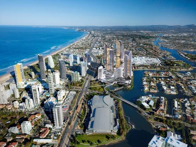 The Star Gold Coast Masterplan Development (viewed from the North) at its island site at Broadbeach containing the two existing towers, plus Tower 1 to start construction in August and four proposed further towers