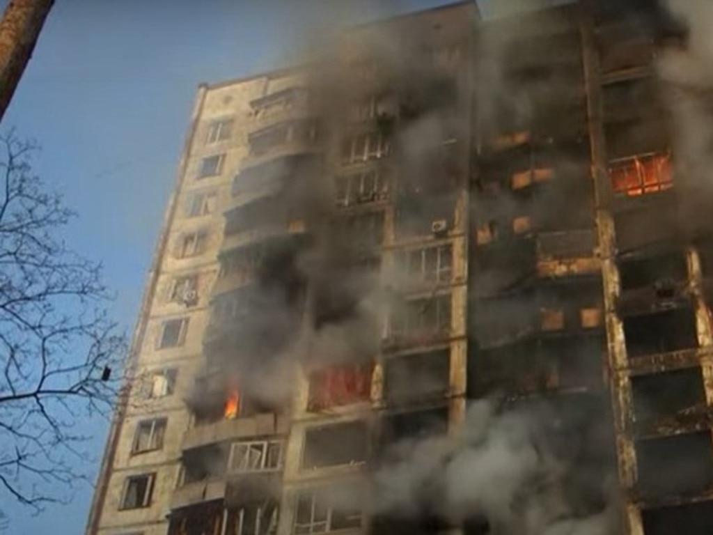 A 15-storey building is ablaze after an artillery strike on Kyiv.