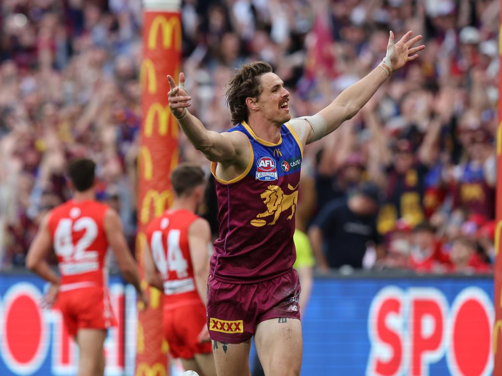 Joe Daniher celebrates after kicking a fourth-quarter goal in Brisbane’s grand final win over Sydney. Picture: David Caird