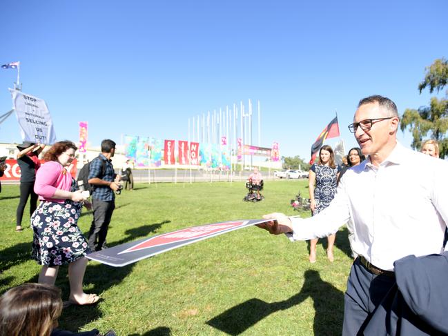 CANBERRA, AUSTRALIA - FEBRUARY 12: Senator Richard Di Natale attends an Anti Adani protest in front of Parliament House on February 12, 2019 in Canberra, Australia. The rally was organised to protest the Adani coal mine in central Queensland. (Photo by Tracey Nearmy/Getty Images)